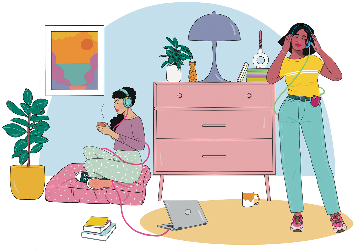 An illustration of two women listening to headphones