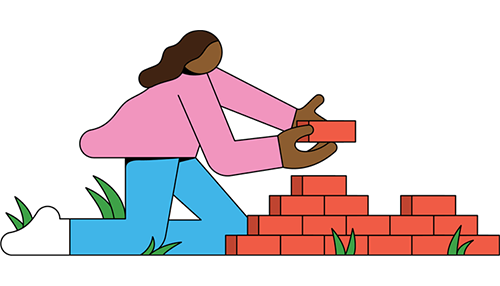 An illustration of a Black woman building a brick wall one brick at a time.