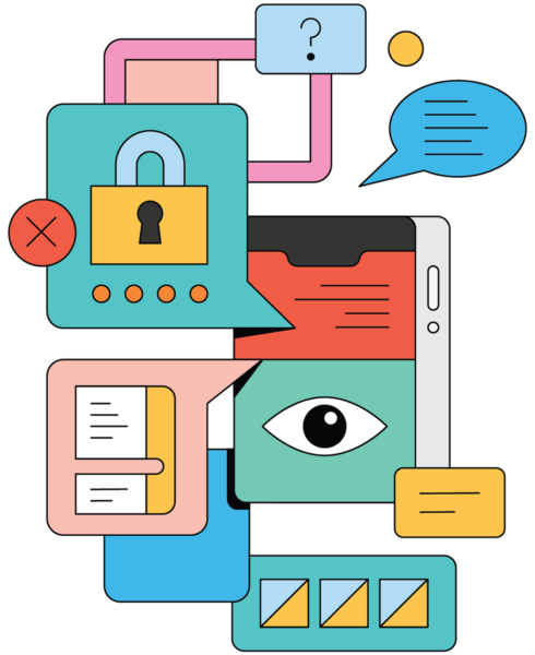 illustration with a lock, an eye, a speech bubble, a question mark, a file folder