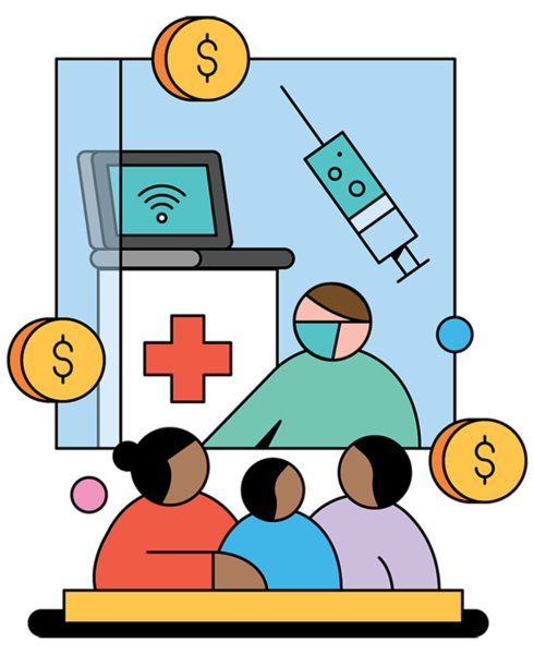 an illustration with masked medical worker, Black family, dollar signs, syringe and laptop