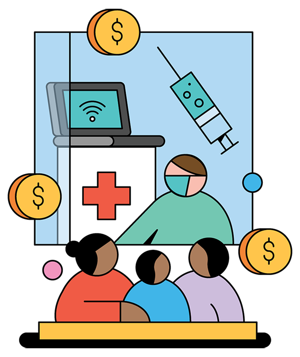 an illustration with masked medical worker, Black family, dollar signs, syringe and laptop