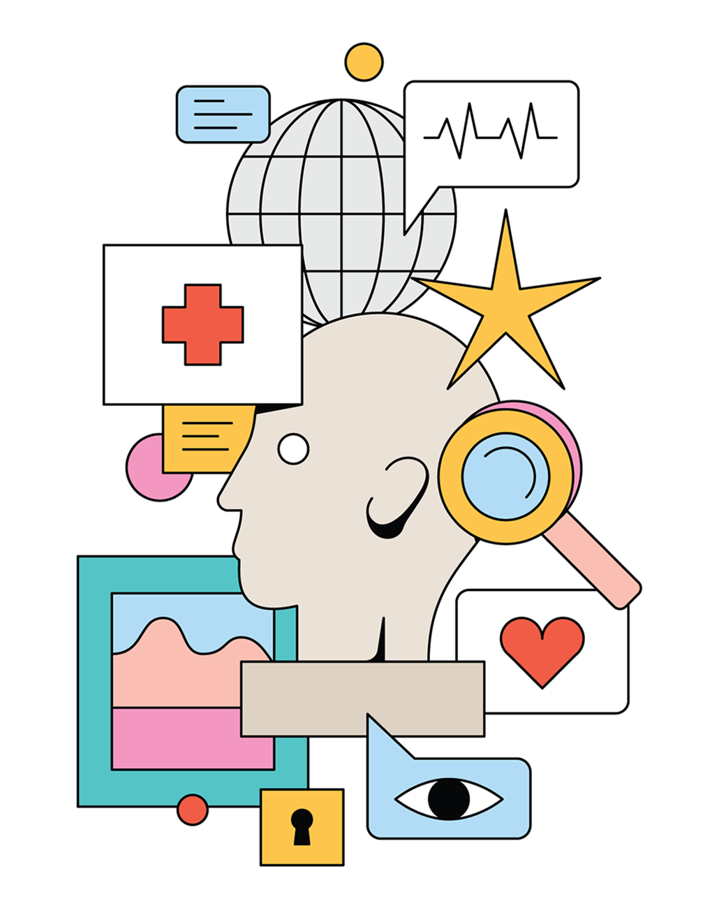 A person's head surrounded by globe, thought bubble, magnifying glass, chart, eye, red cross and heart