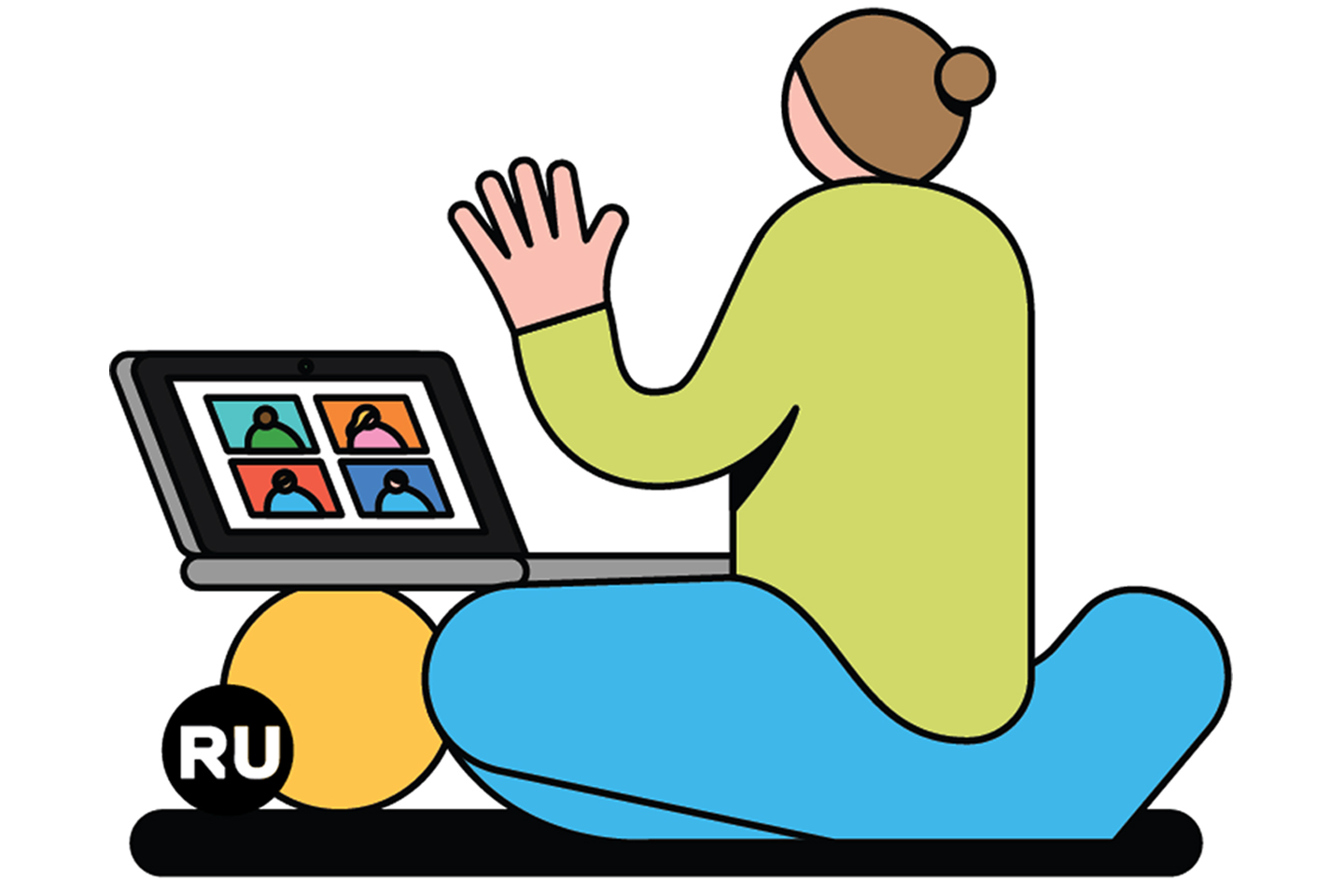 a person sits on a floor mat looking at a computer screen