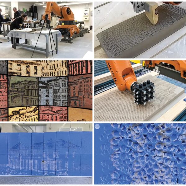 A series of images depict aspects of research using robotic arm, terracota panels and zoom meetings