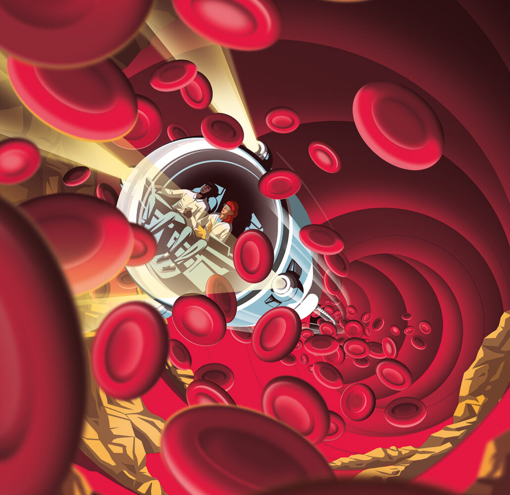 An illustration of two people in a vehicle travelling through red blood cells.