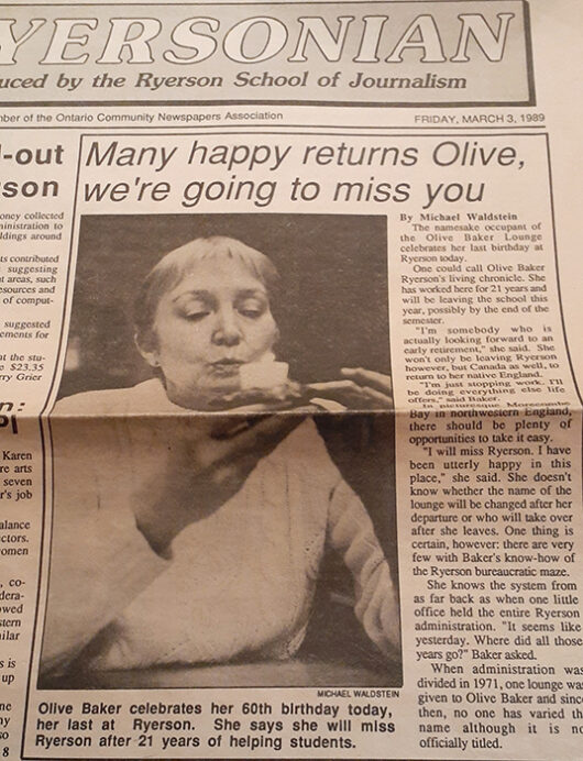 Newspaper clipping of an article in the Ryersonian (now On the Record) about Olive’s 60th birthday.