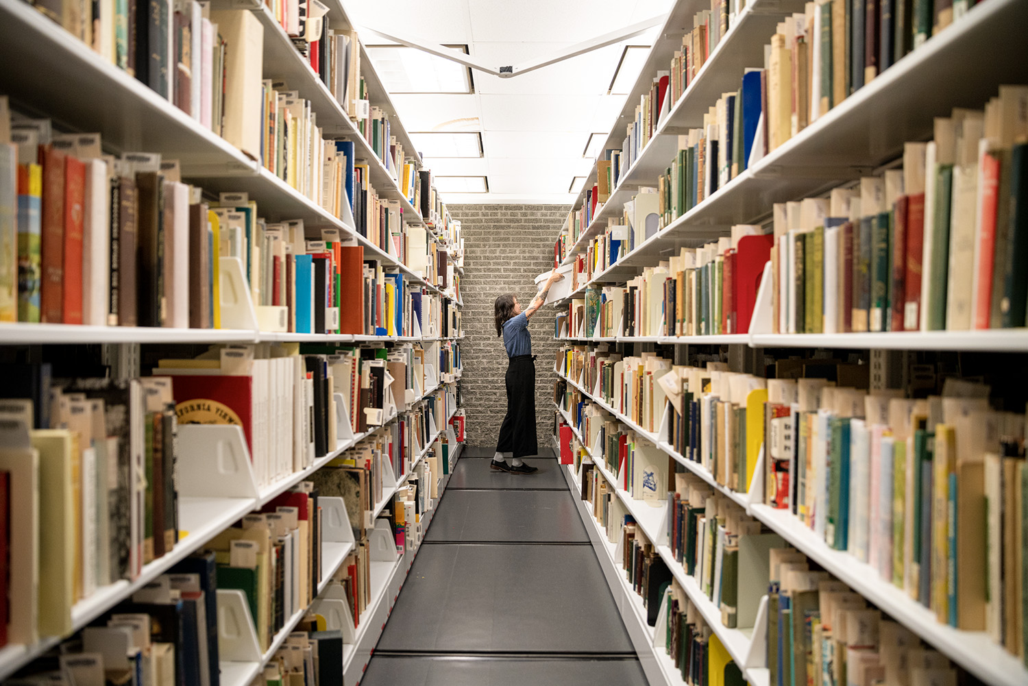 A woman reaches to pull a comic off a shelf.