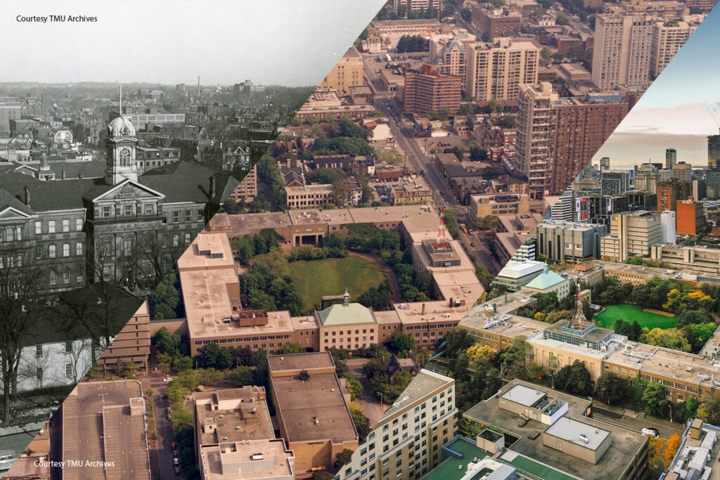 Three aerial shots of the TMU campus in 1948, circa 1993 and 2022