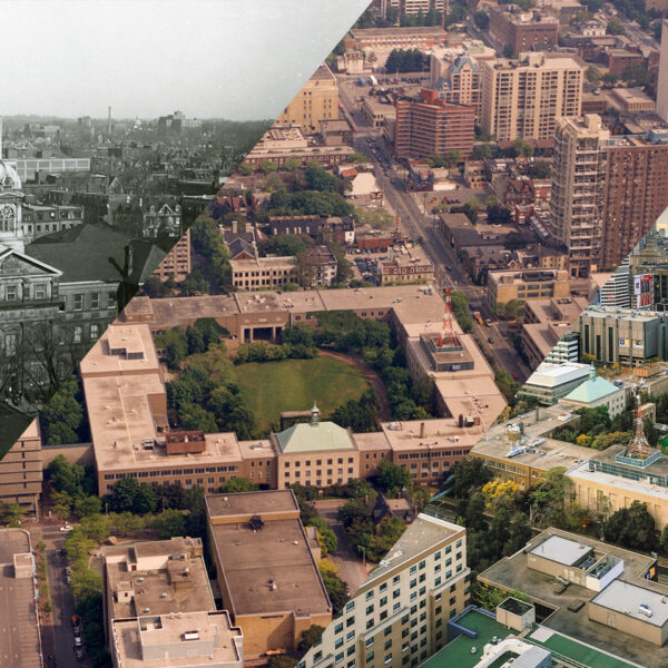 Three aerial shots of the TMU campus in 1948, circa 1993 and 2022