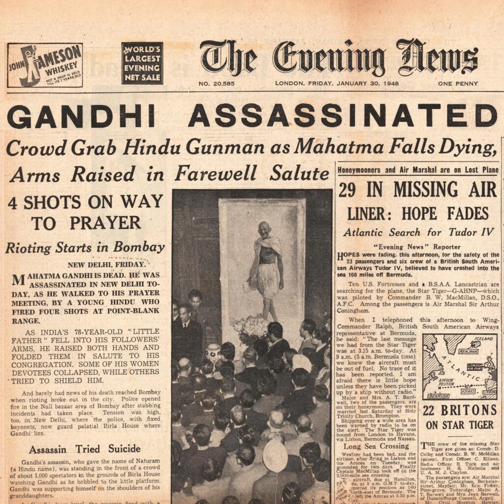 Newspaper clipping announcing the assassination of Gandhi