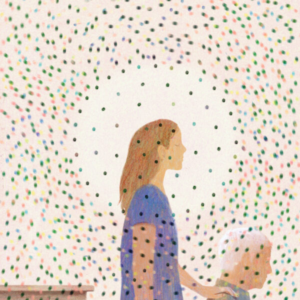 A woman with her eyes closed stands behind an older person in a chair, with her hand on his shoulder. Illustrated dots surround them indicating different levels of stress.