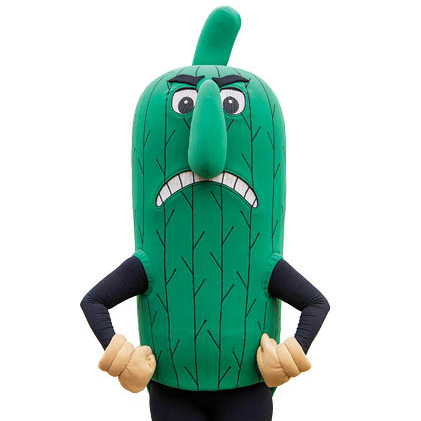 A university mascot with an angry face dressed as an okra.