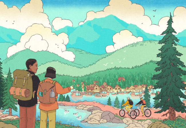 An illustration of two travellers with backpacks overlooking a river.