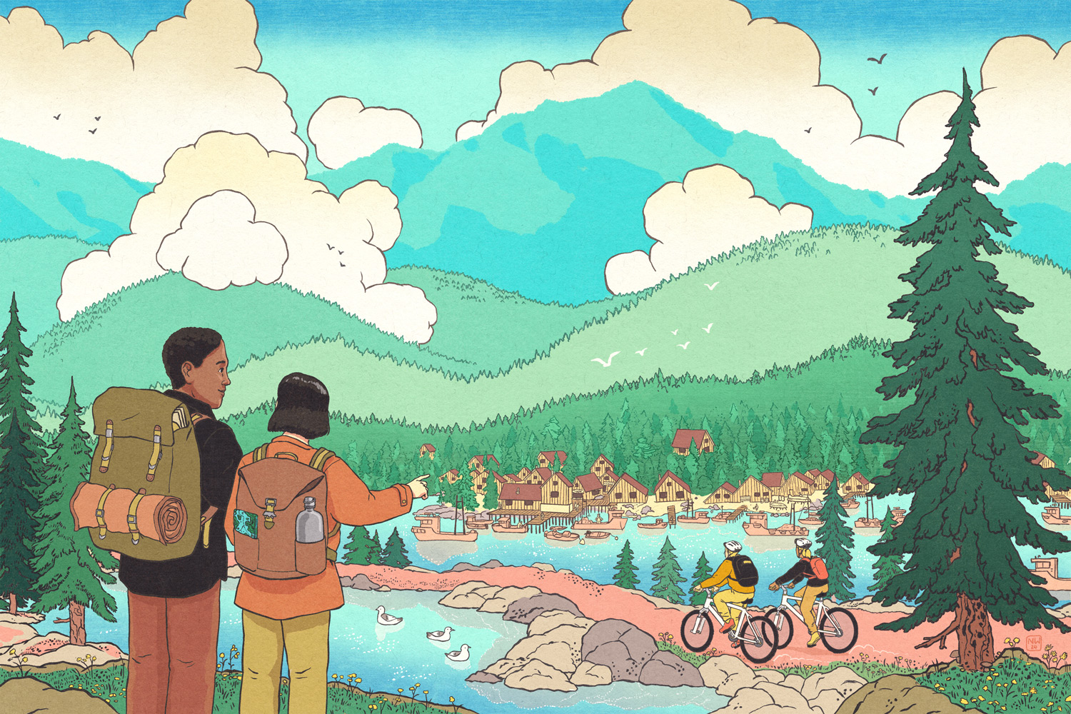 An illustration of two travellers with backpacks overlooking a river.