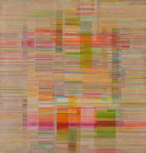 An abstract painting of multi-coloured lines of different lengths and weight.