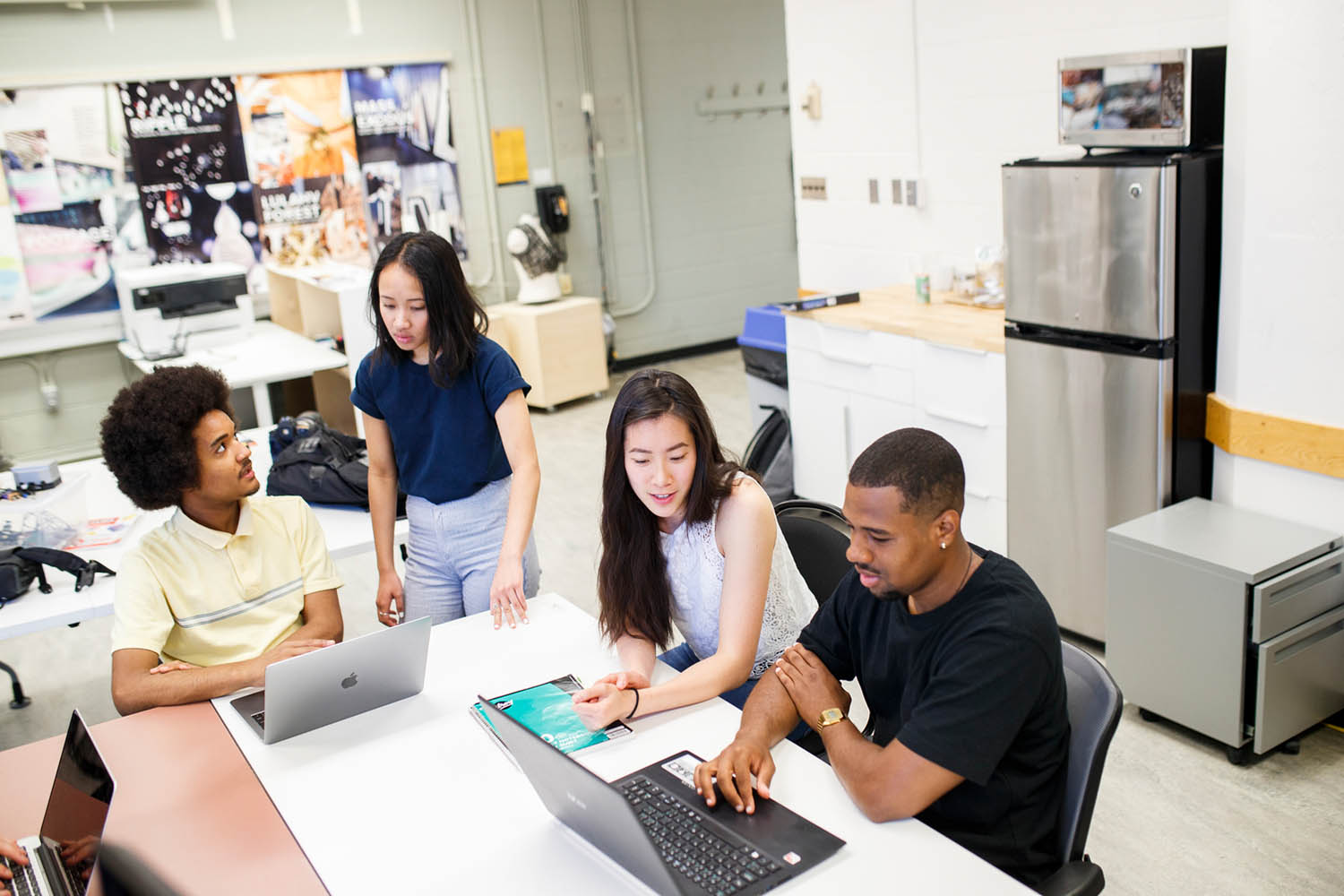 People working in an open office.