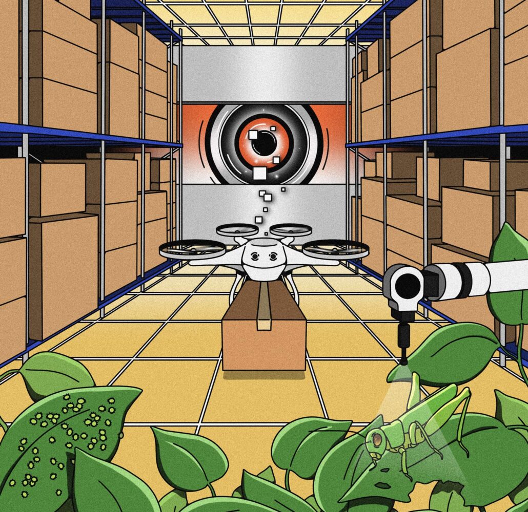 An illustration depicting a drone in a warehouse