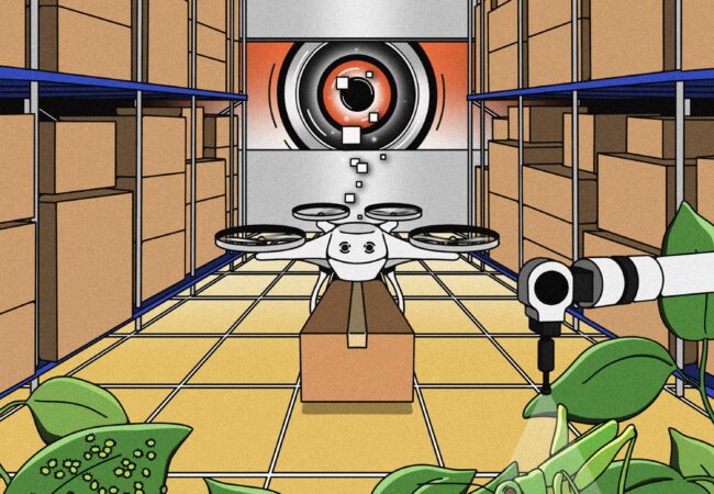 An illustration depicting a drone in a warehouse