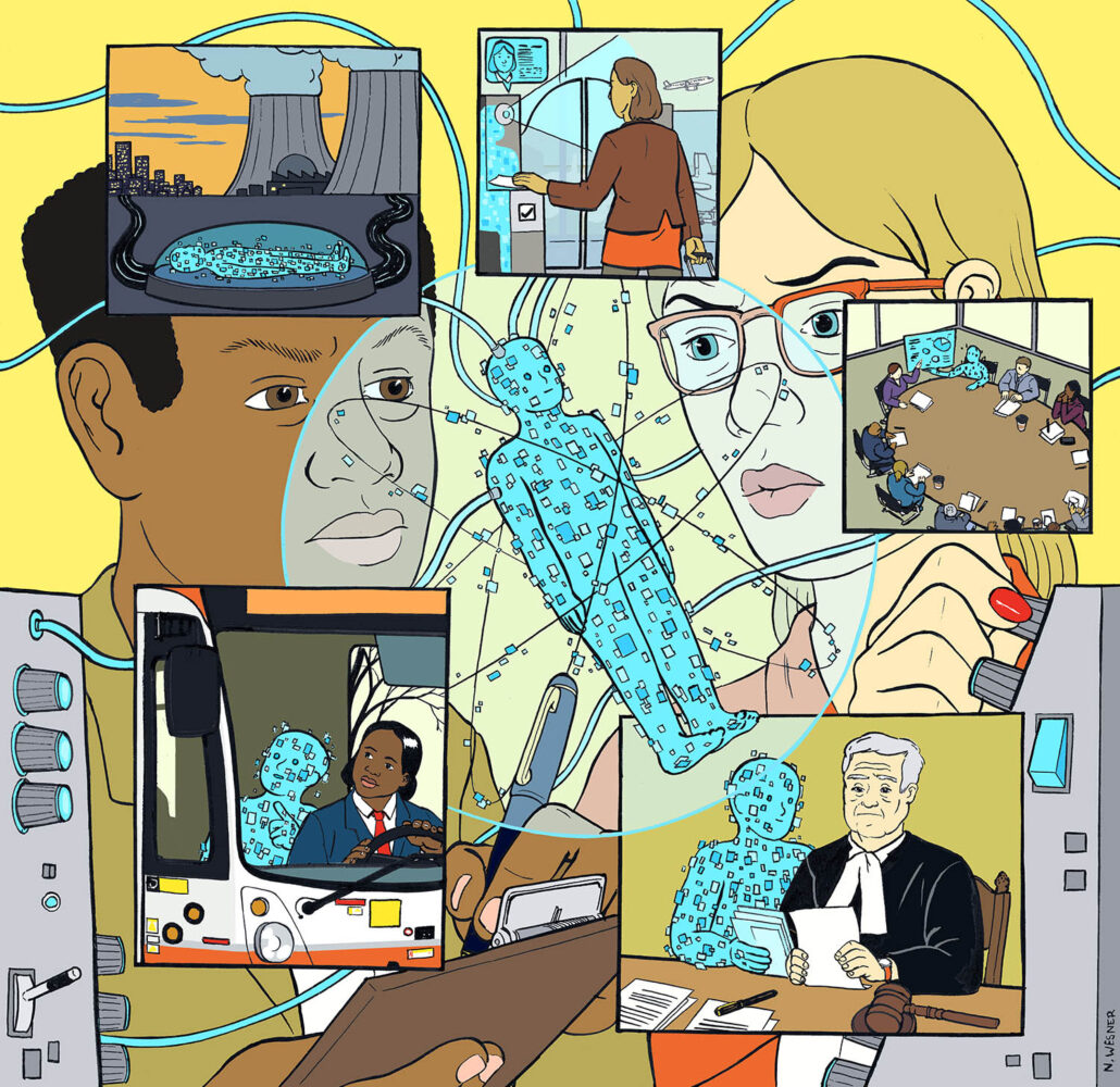 Illustration showing interconnected scenes of AI's impact: data centre cooling towers, a person at a transit interface, diverse faces overlaid with data streams, a TTC bus, someone working on a laptop, a boardroom meeting and a judge in court – all connected by flowing blue lines representing data and technology.