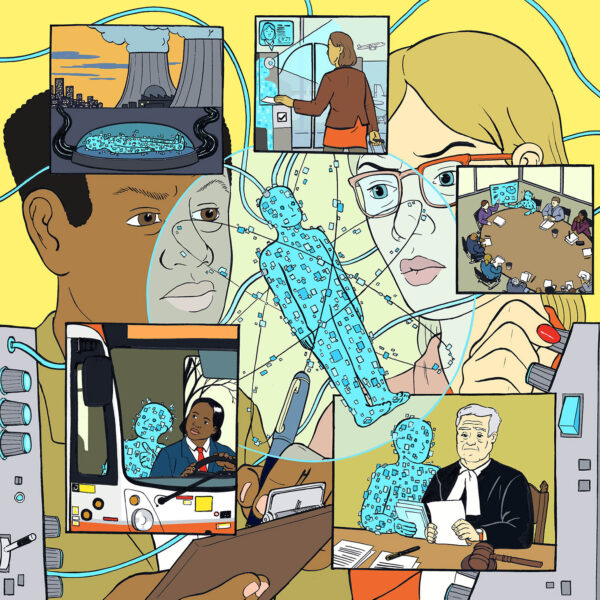 Illustration showing interconnected scenes of AI's impact: data centre cooling towers, a person at a transit interface, diverse faces overlaid with data streams, a TTC bus, someone working on a laptop, a boardroom meeting and a judge in court – all connected by flowing blue lines representing data and technology.