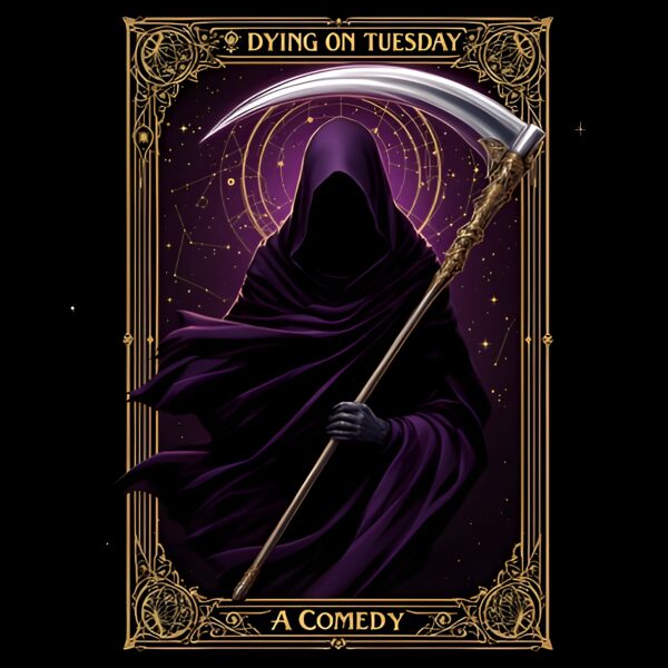 Promotional image for 'Dying on Tuesday, a comedy'.