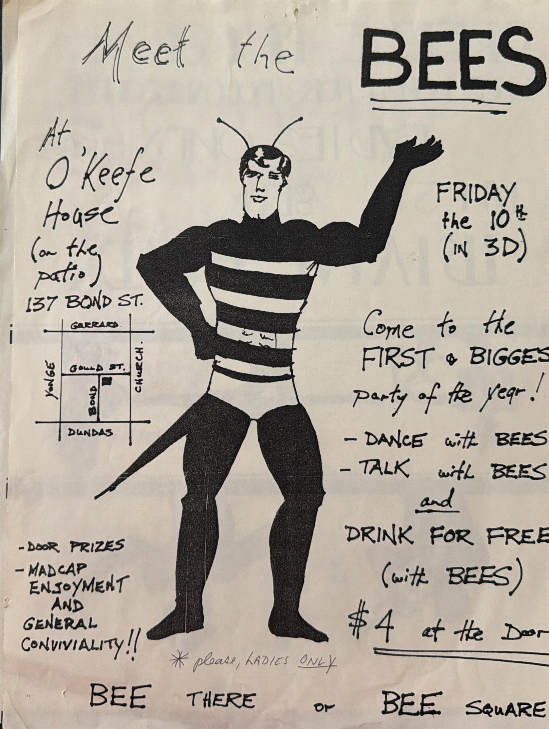 Black and white hand-drawn poster promoting a party at O’Keefe House.