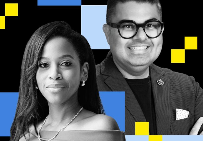 Composite lead image featuring Nneka Elliott and Aleem Punja against a graphic black, blue and yellow background.