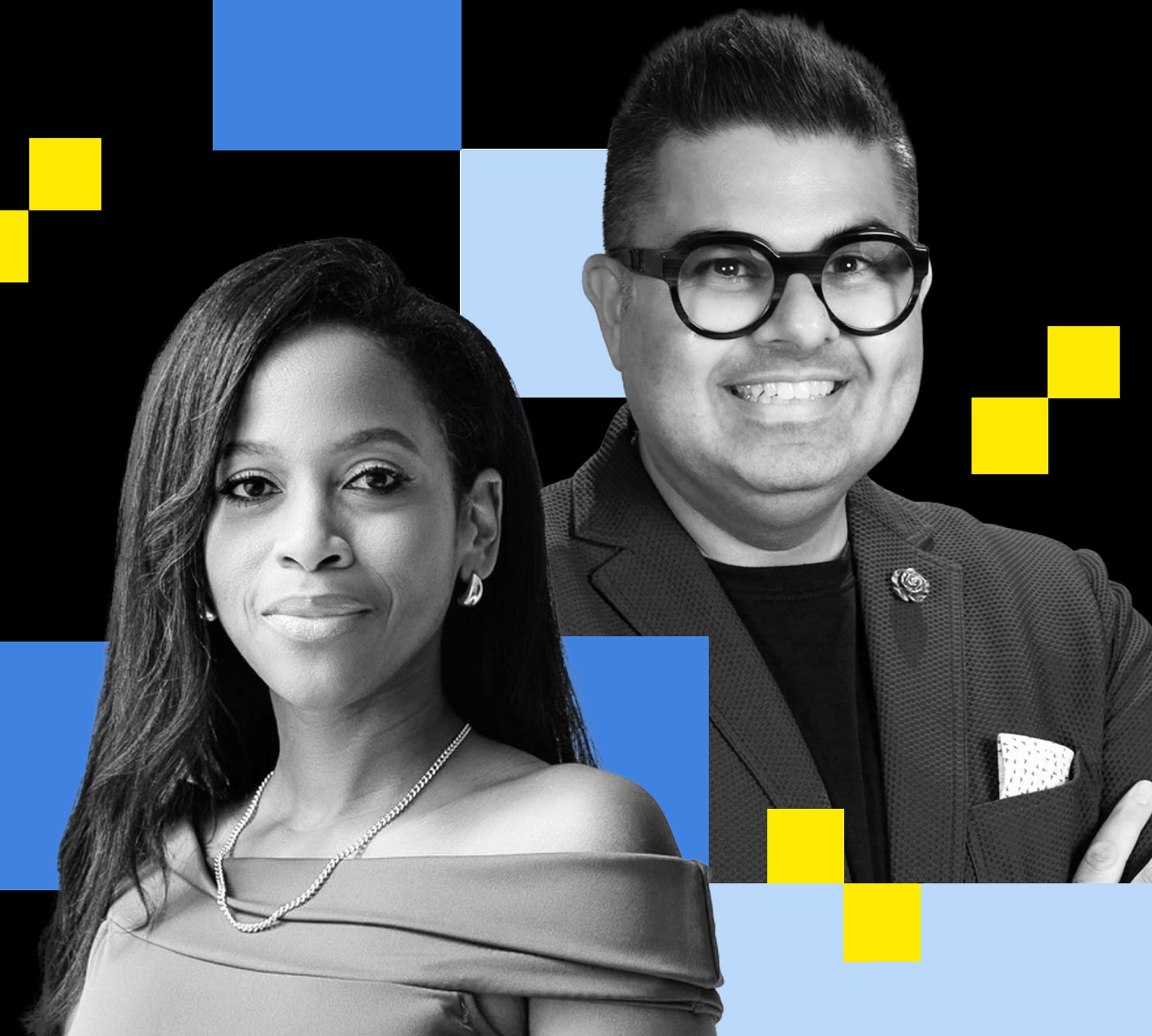 Composite lead image featuring Nneka Elliott and Aleem Punja against a graphic black, blue and yellow background.