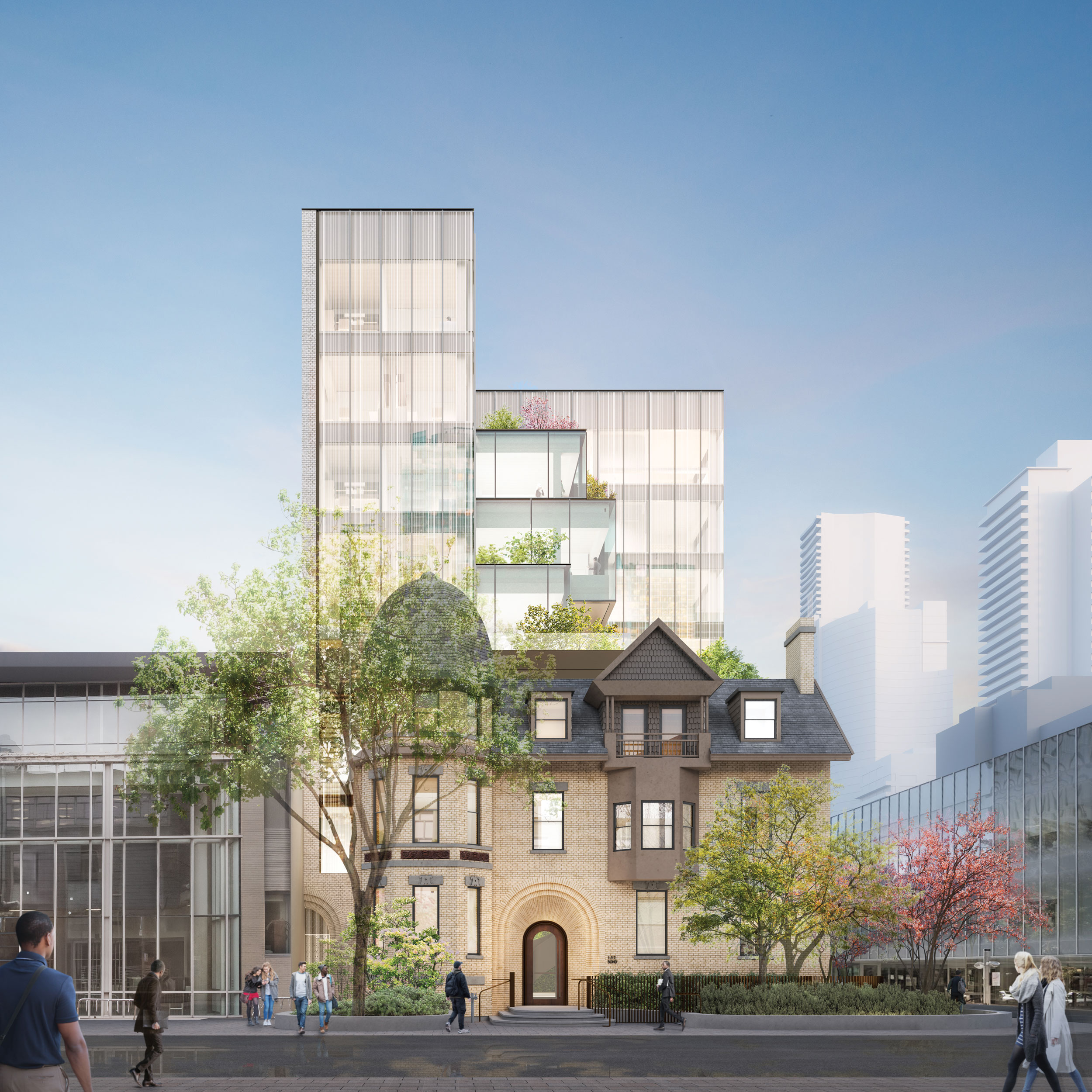 Architectural rendering of a new glass building rising behind a preserved historic house facade, with pedestrians on the street below.