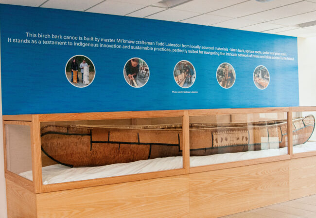 A canoe housed within a display case.