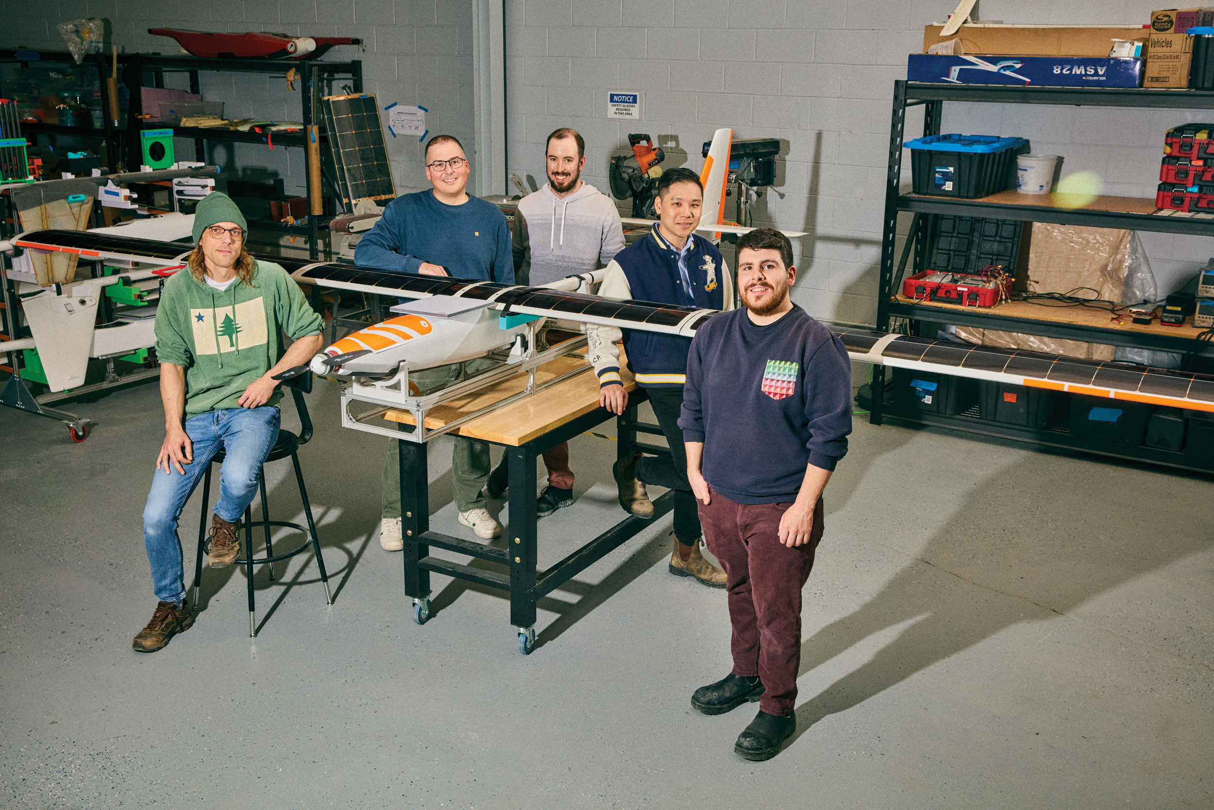 From left, Bill Bissonnette, Travis Krebs, MIchael Melville, Alton Yeung and Devin Barcelos standing with their drone.